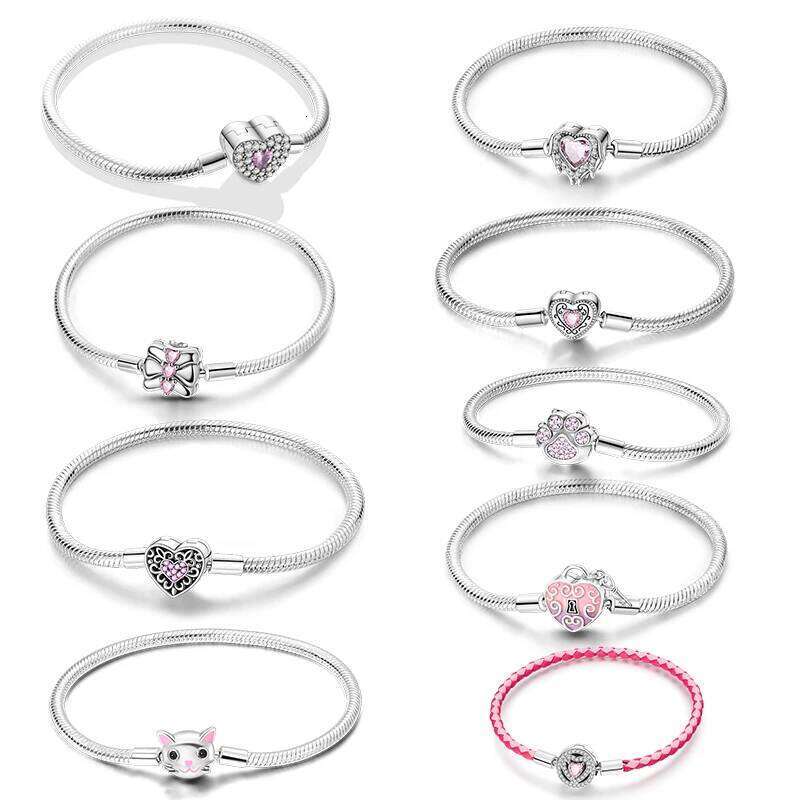 Pink Love Heart Silver 925 Bracelet Original Bracelets Zircon Cat Paw Snake Chain For DIY Charms 17-20CM Wedding Jewelry Gifts 25T1226