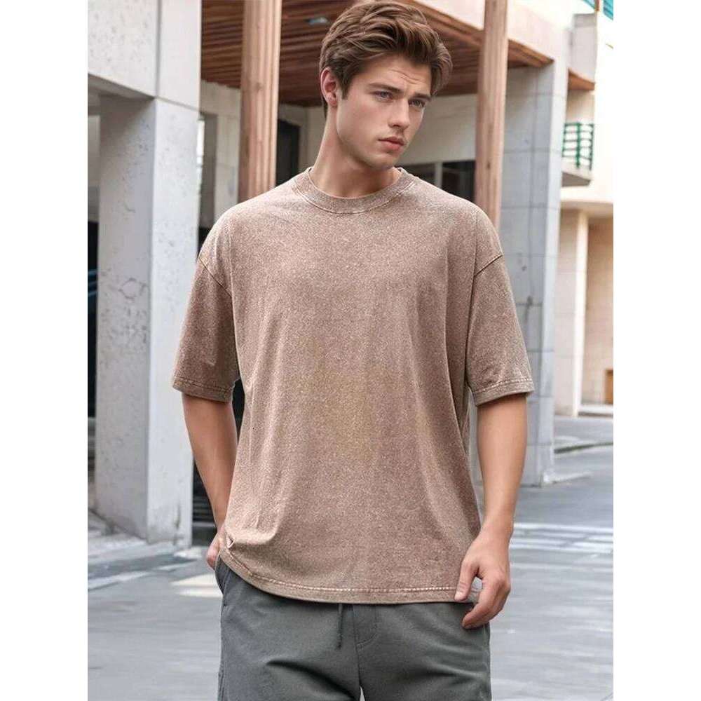 Summer Men's Washed T-Shirts 230G Heavy Cotton Vintage Faded Color Oversized Unisex Basic Tee Short Sleeve Loose Workout Tops