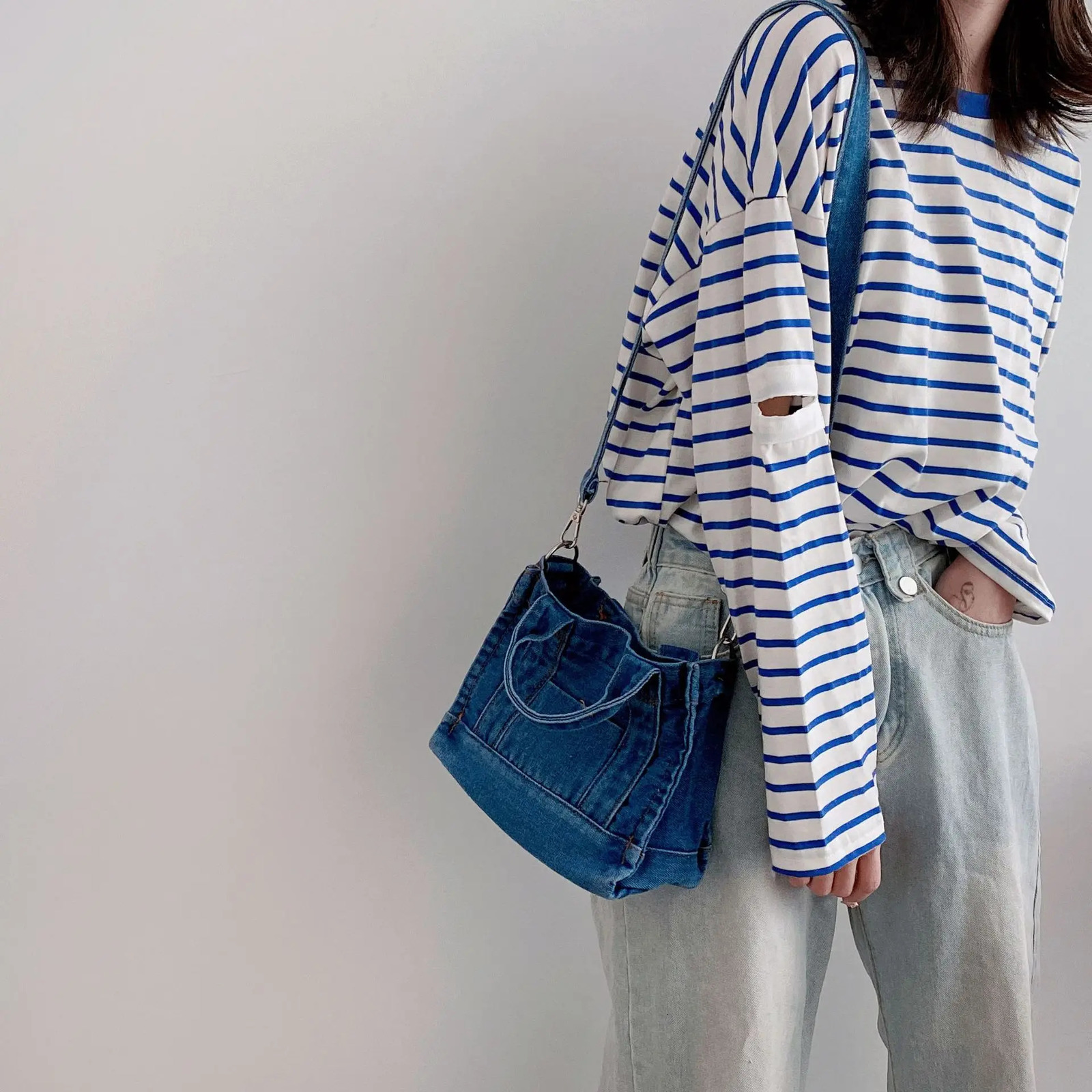 Denim Cloth Women Mini Shoulder Bag Girl Blue Canvas Fabric Handbag Small Casual Tote Detachable Strap Lady Little Zipper Purse 251223