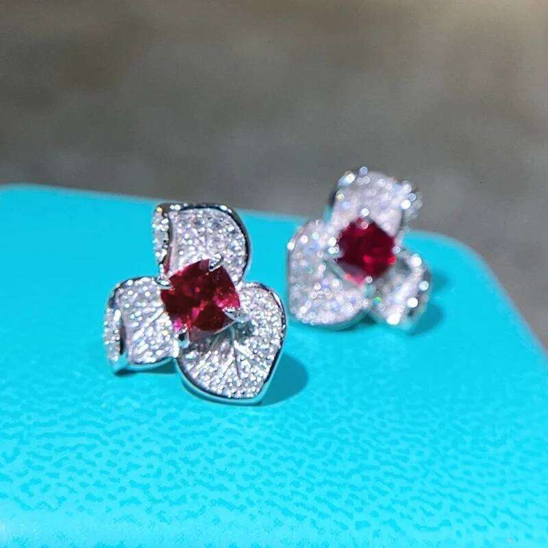 Huitan Newly Designed Red Cubic Zirconia Flower Stud Earrings for Women Aesthetic Female Accessories Gift Bridal Wedding Jewelry