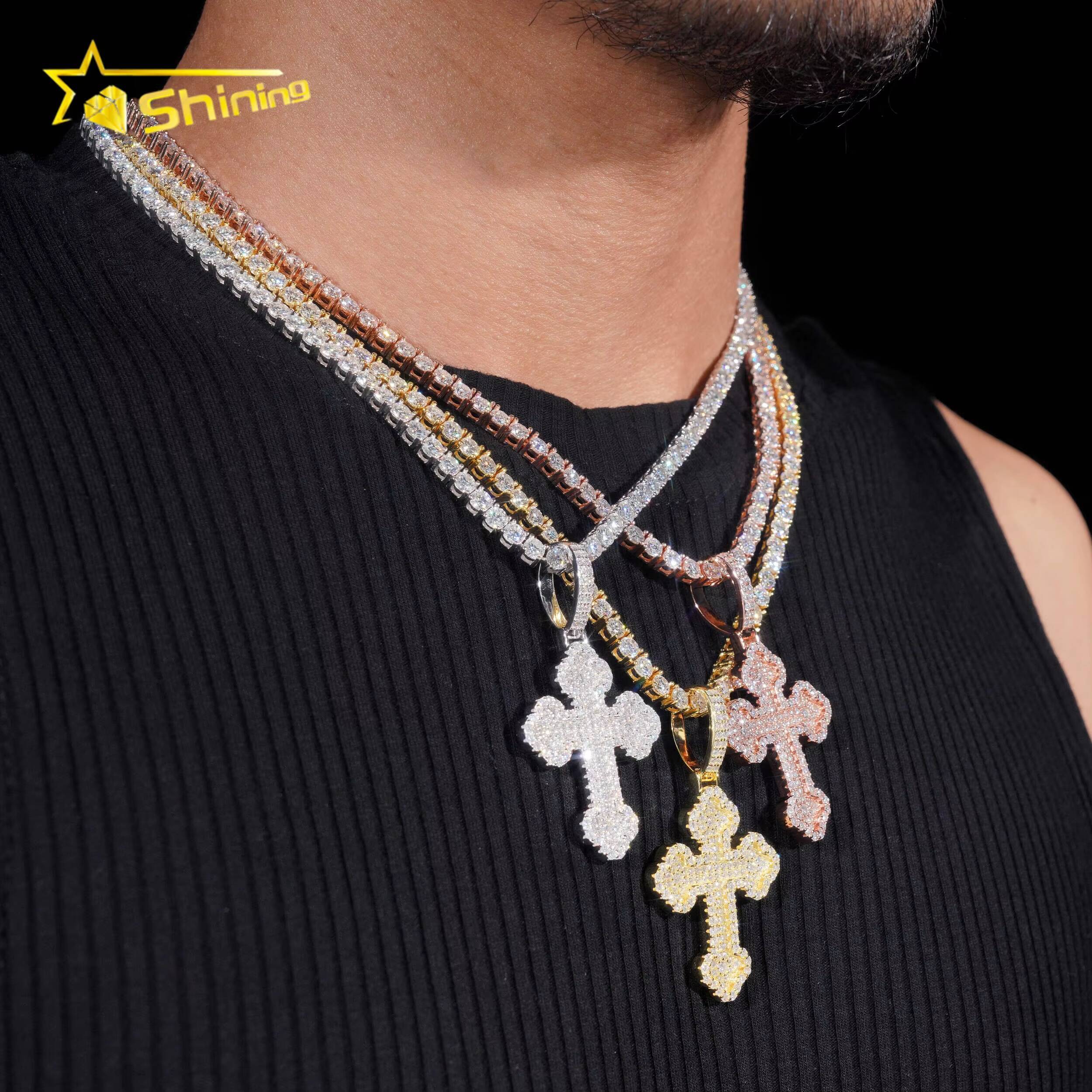 Ready to Ship Iced Out Cross Pendant Solid Silver with Moissanite Diamond Hip Hop Pendant Necklace Jewelry Wholesale