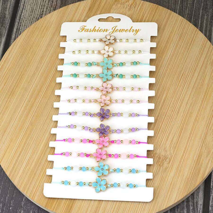 12pcs/Dozen Delicate Flower Women Bracelet Kids Jewelry Adjustable Braided Thin Rope Beaded Braclet Friendship Gift 25T1226