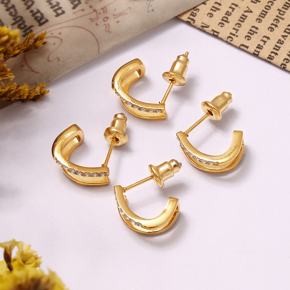 Minimalist stud inlaid with row diamonds double layer small C shaped earrings simple versatile light luxury jewelry H260129