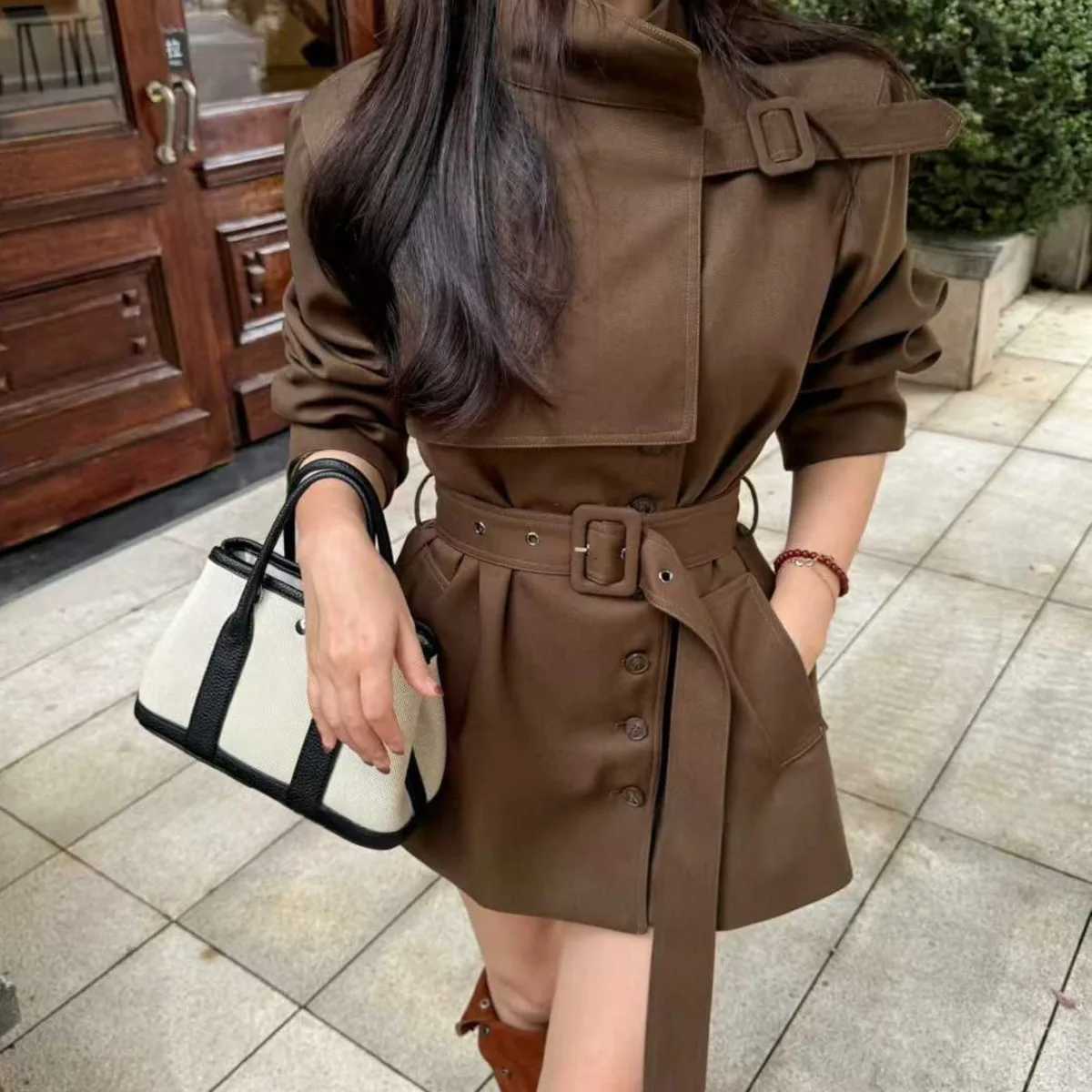 KWTX 2025 Womens Casual Short Trench Coat Autumn Winter Solid Color Single Breasted Stand Collar Belted Pockets VintageT251226