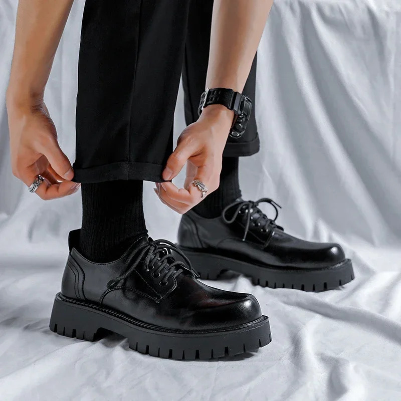 Men Korea Leather Platform Oxfords Slip On Thick Tottom For Male Derby Shoes Casual Loafers Mens Square Toe Formal Dress Shoes 251225