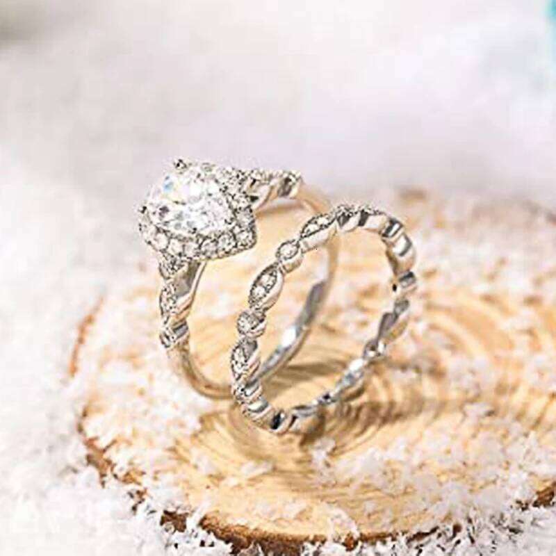 Huitan Waterdrop Cubic Zirconia Luxury 2Pcs Set Jewelry for Women Engagement Wedding Eternity Love Rings Trend Accessories