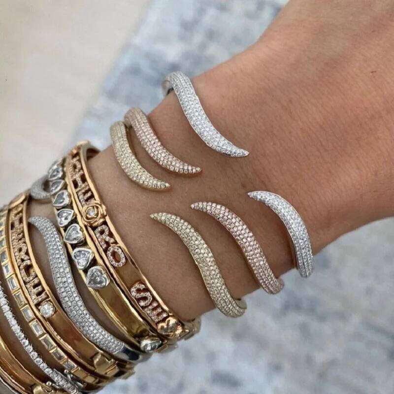 Open Adjusted Size Wave Band Micro Pave CZ Gold Plated Bangle Bracelet For Women Classic Simple Fashion Jewelry 25T1226