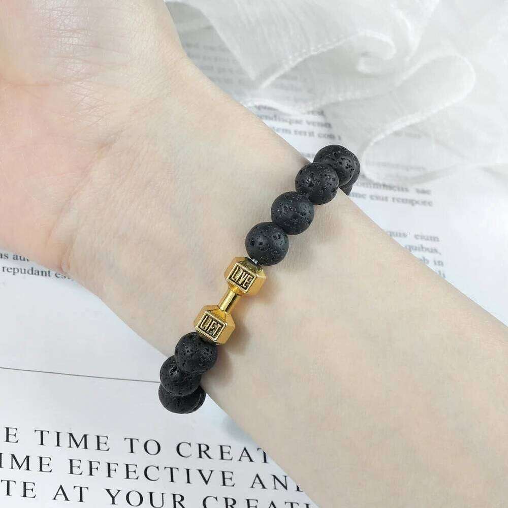 Natural Black Volcanic Lava Stone Dumbbell Bracelet black Matte Beads Bracelets For Women Men Fitness Barbell Jewelry Pulseras 25T1226