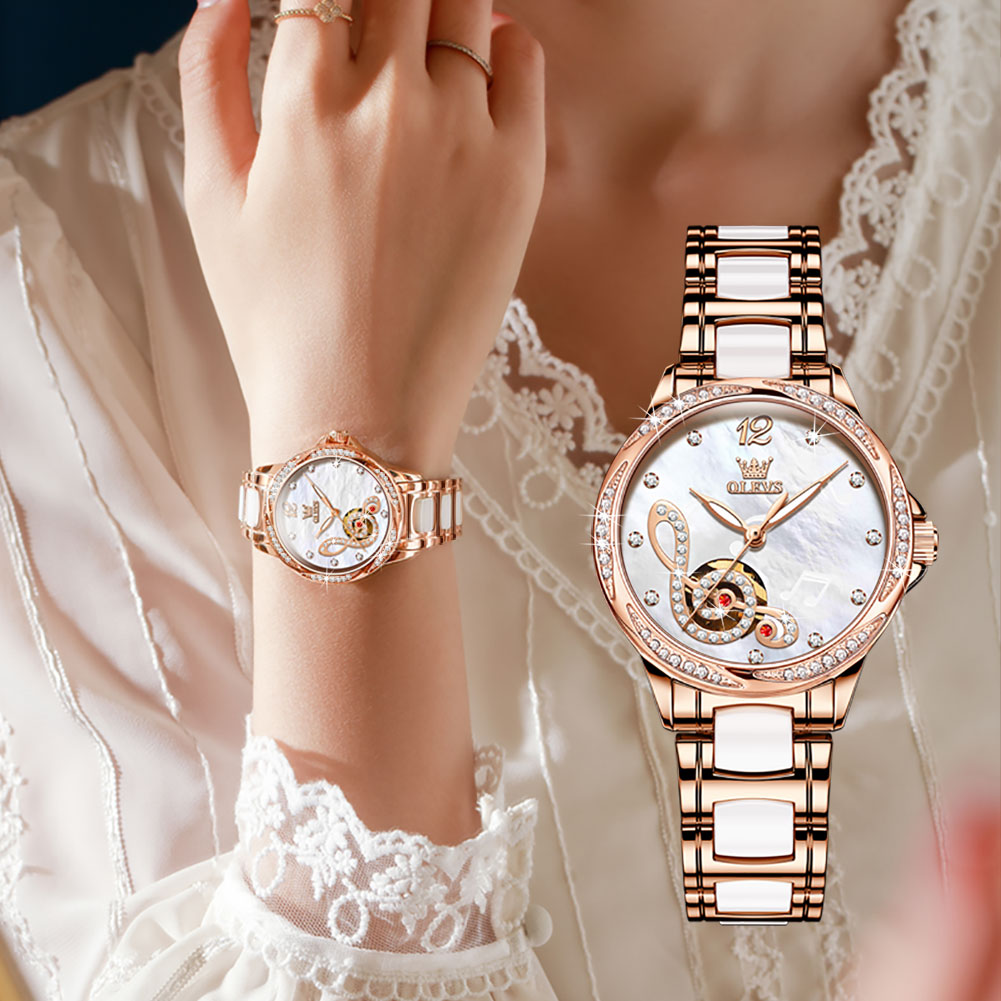 OLEVS Hot selling fully automatic mechanical watch, exquisite and elegant diamond inlaid ceramic with romantic notes, women's watch