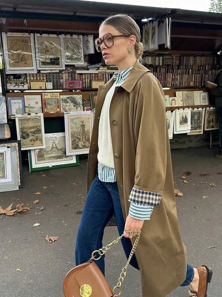 Autumn/Winter Fashion Outerwear Womens Check Print Front-Buttoned Casual Long-Sleeved Mid-Length Trench Coat 2025 New ArrivalT251226