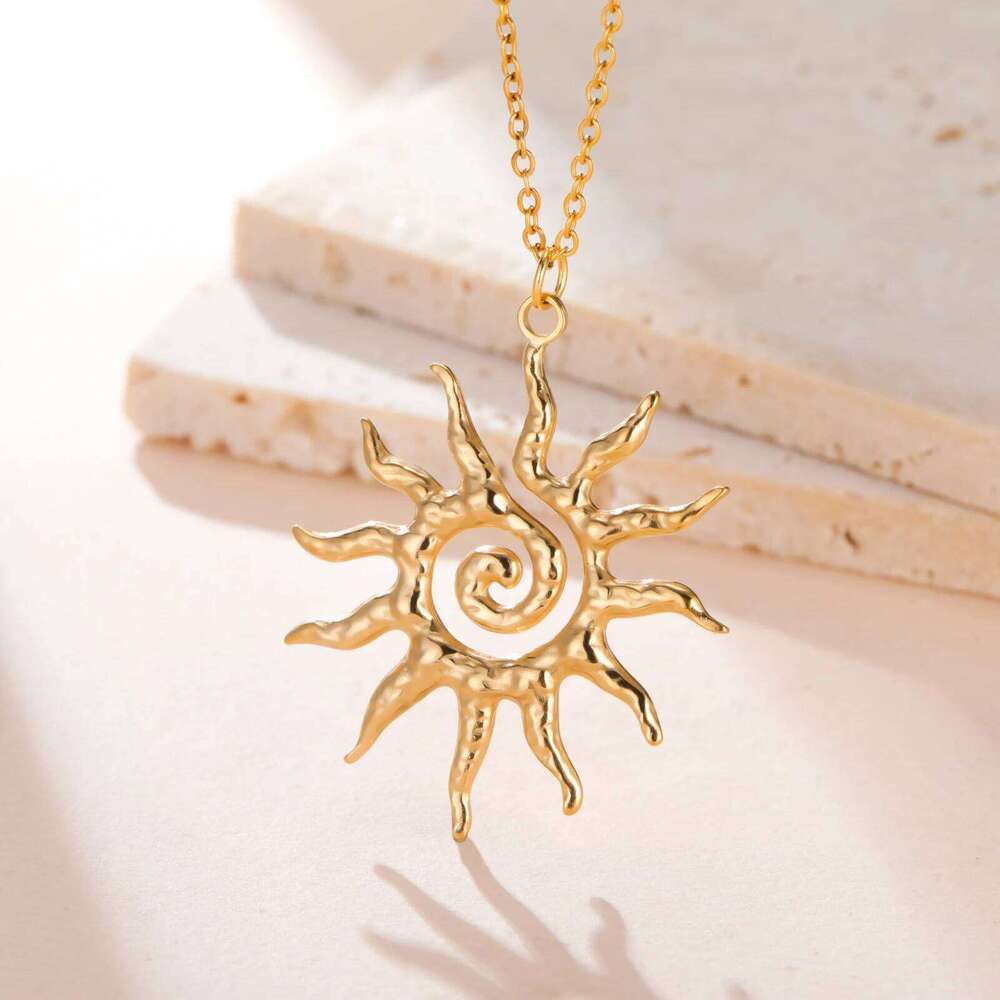 Teamer Spiral Sun Pendant Necklace For Woman Gold Color Stainless Steel Choker Vintage Jewelry Birthday Gift 25N1226