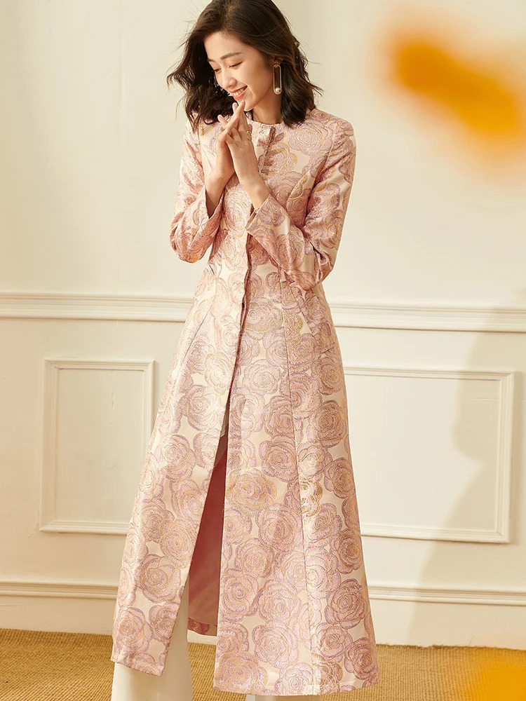 Women Long Trench Jacquard Coat Button Front Overcoat Fall Winter Floral Elegant Jackets Outerwear Party Outfit Clothes 251222