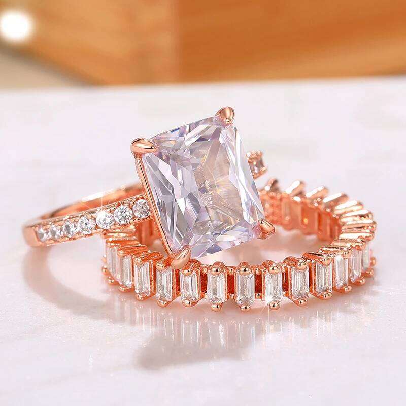 Huitan Newly Designed Rose Gold Color Set Rings for Women Luxury Trendy Wedding Party Accessories Temperament Female Jewelry