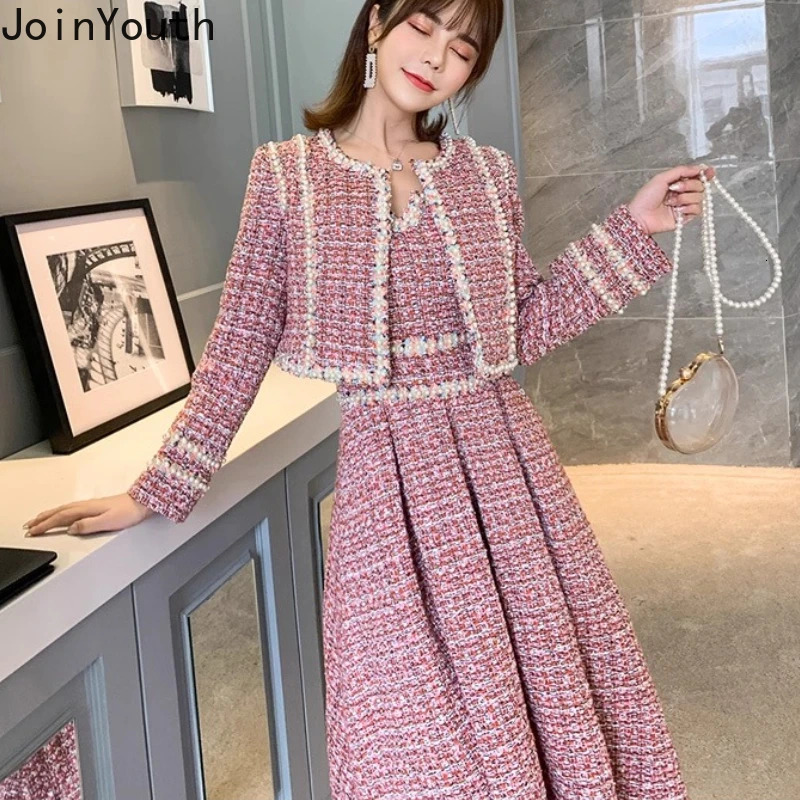 Elegant Suit Womens Clothing 2 Piece Sets Oneck Cropped Coat Slim Waist Aline Pleated Sing Dress Outfits Thicked Tweed Set 251211