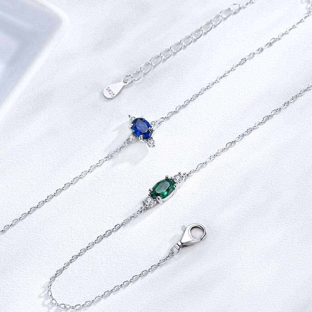 Ailmay 925 Sterling Silver Green Blue Oval Zircon Chain Bracelet For Women Simple Design Fine Hypoallergenic Jewelry 25T1226