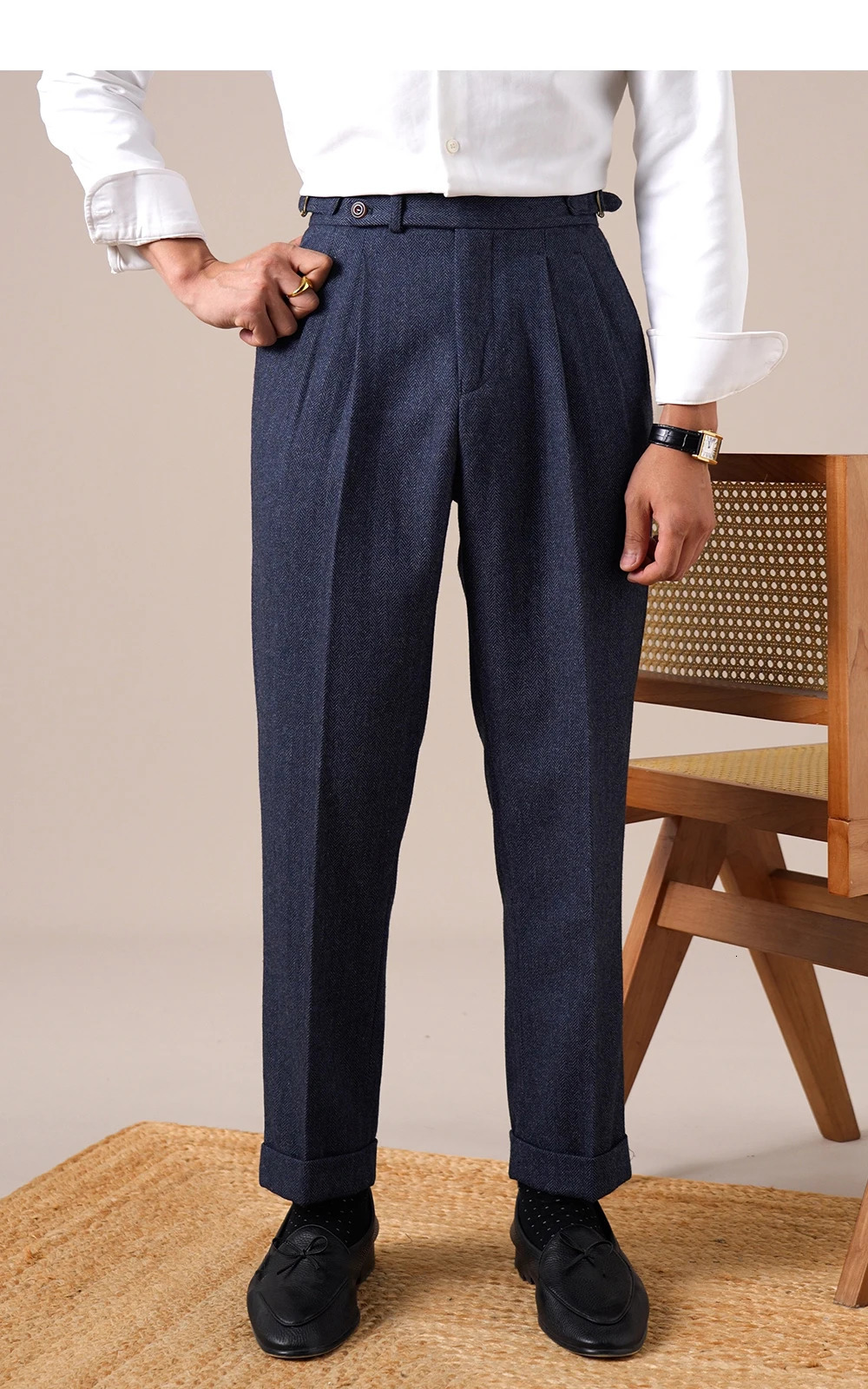 Autumn Herringbone Dress Pants For Men Naples Mens Wool Blend High Waist Social Casual Versatile Long Office Trousers 251226