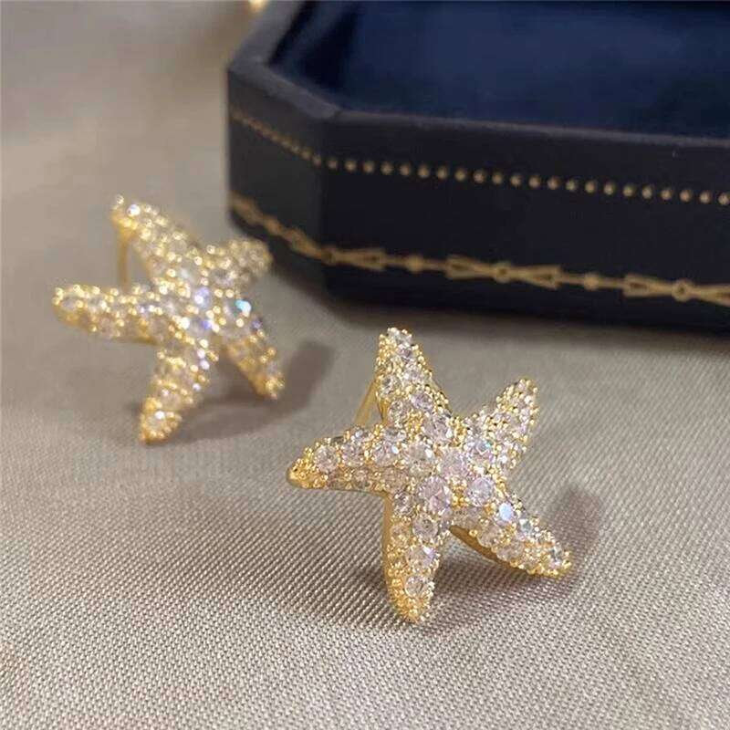 Huitan Exquisite Gold Color Star Stud Earrings Statement Accessories for Women Bling Cubic Zirconia Fashion Versatile Jewelry 25H1226