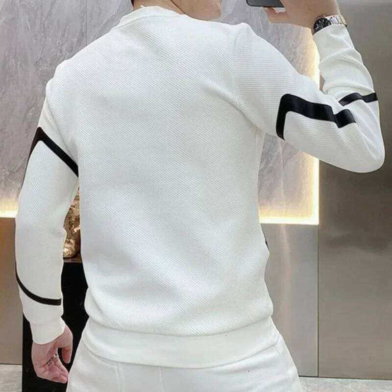 Men's Fashion Trend Zipper Patchwork Contrast Color T-Shirt Spring Autumn Casual Loose Long Sleeve Pullovers Tops Male Clothes