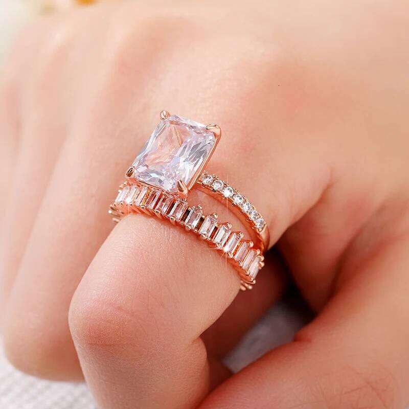 Huitan Newly Designed Rose Gold Color Set Rings for Women Luxury Trendy Wedding Party Accessories Temperament Female Jewelry