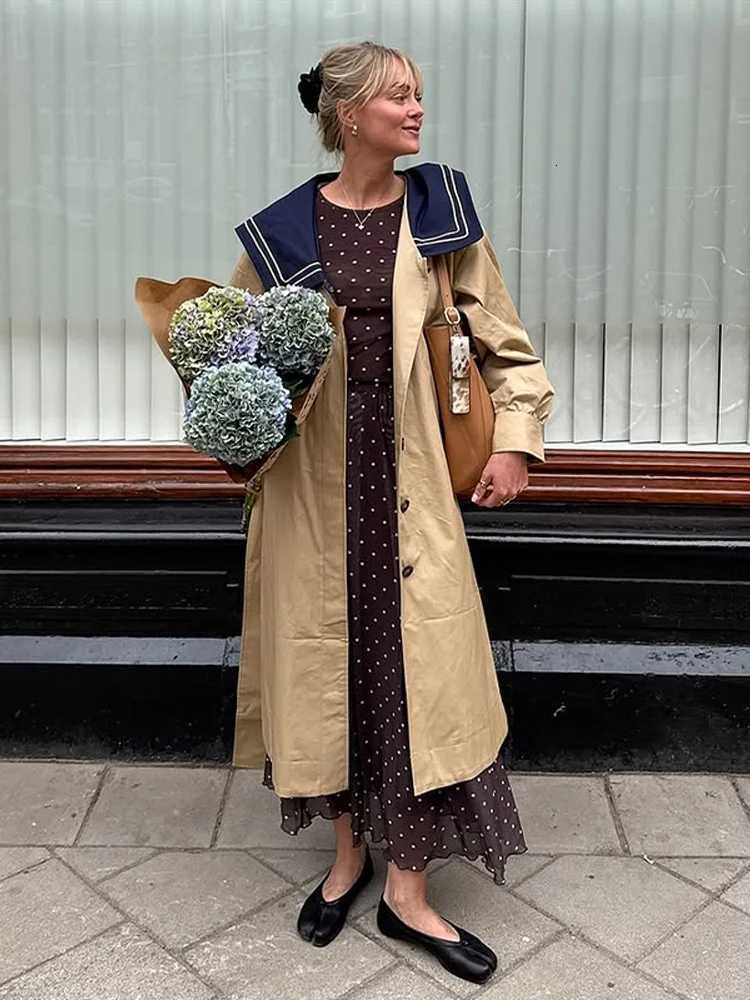 Retro Lace-up Long Trench Coat Jacket With Navy Sailor Collar Elegant Streetwear Outerwear Loose Fit Demi-season Fashion OutfitT251226