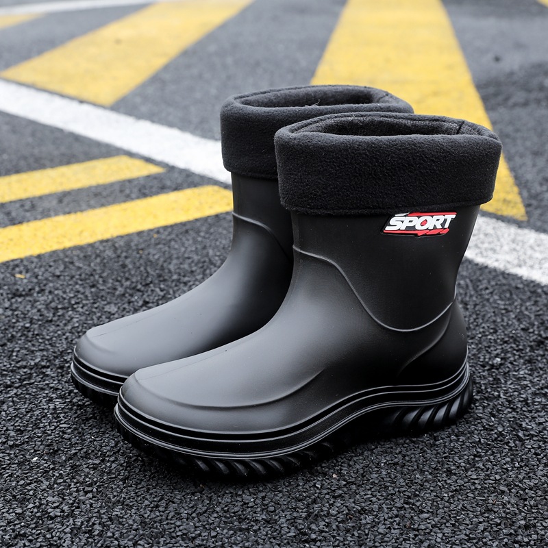 2025 Fashionable rain boots for men fleece-lined high-quality appearance mid-calf outdoor non-slip adult waterproof rubber shoes water shoes