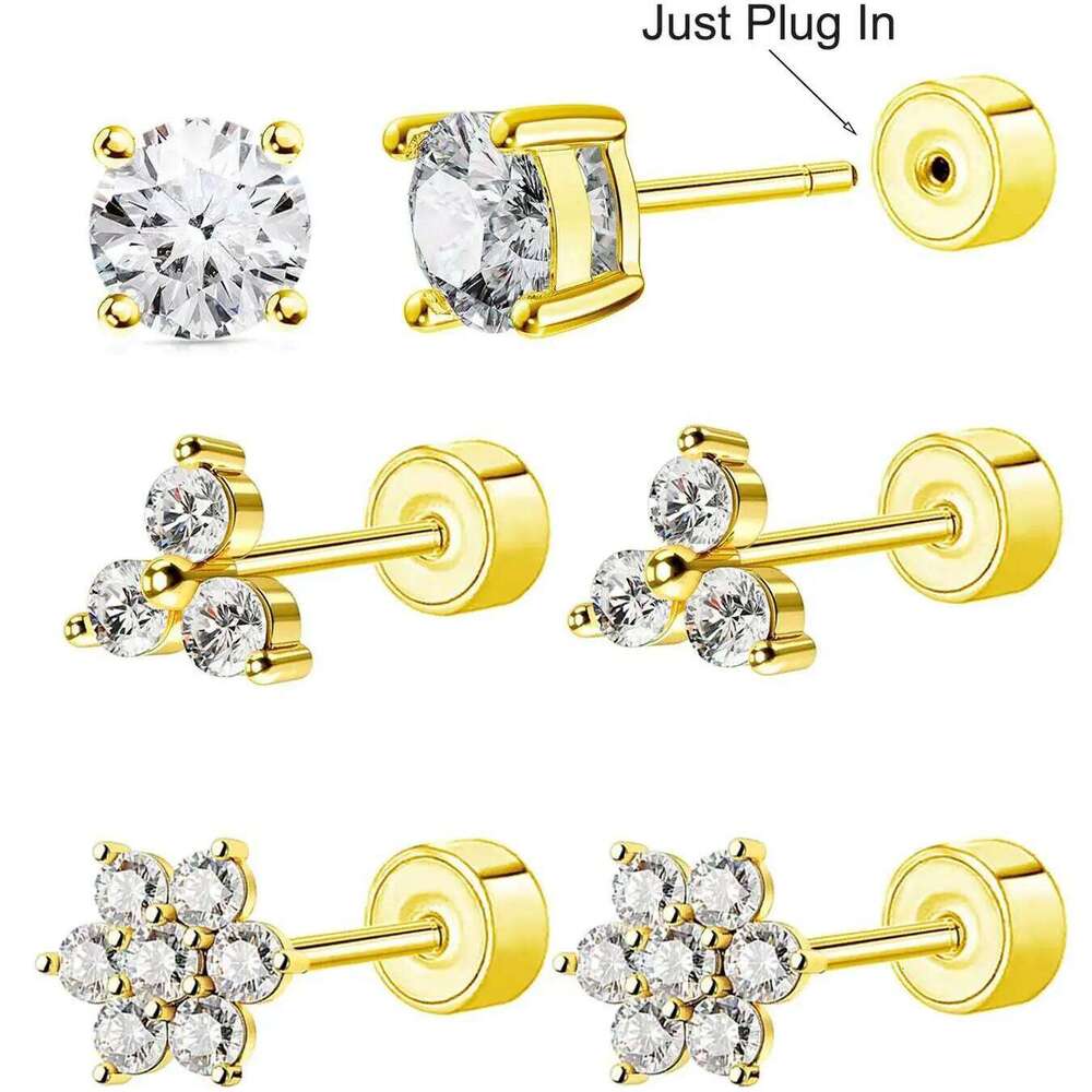 20G Pin type flat back cartilage earrings Stainless steel zircon round triangle plum blossom petals female ear piercing jewelry 25H1226