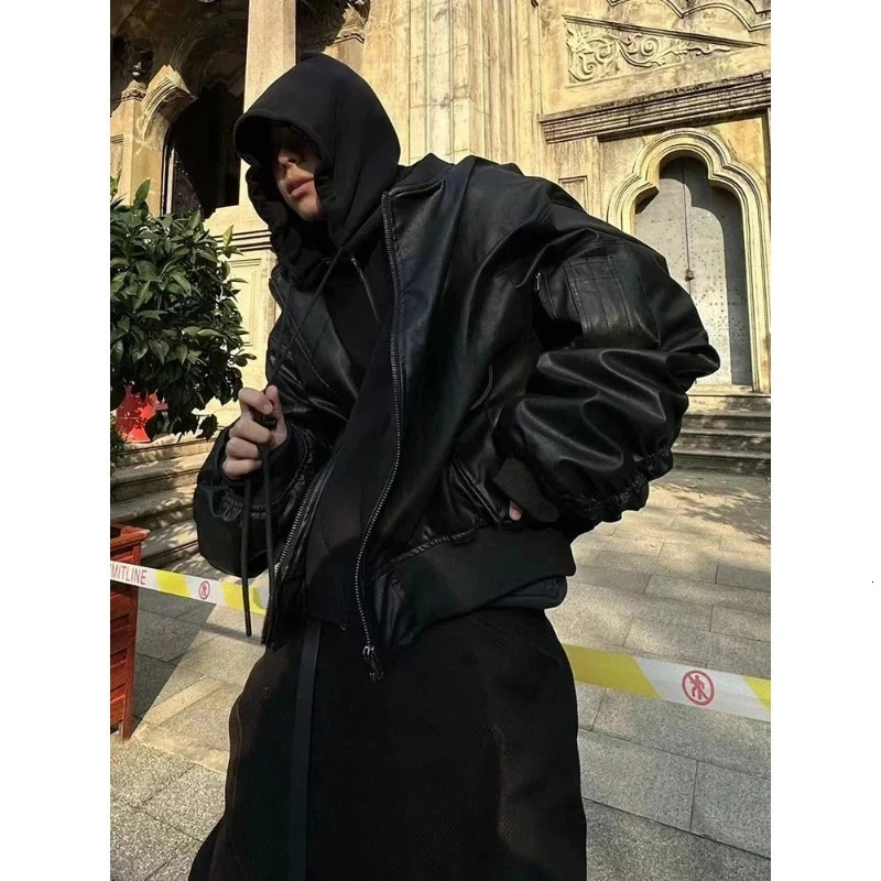 Autumn Winter Men Clothing Oversized Cool Black Thickened Warm Pu Leather Leisure Jacket Hood 2 Clothes 251225