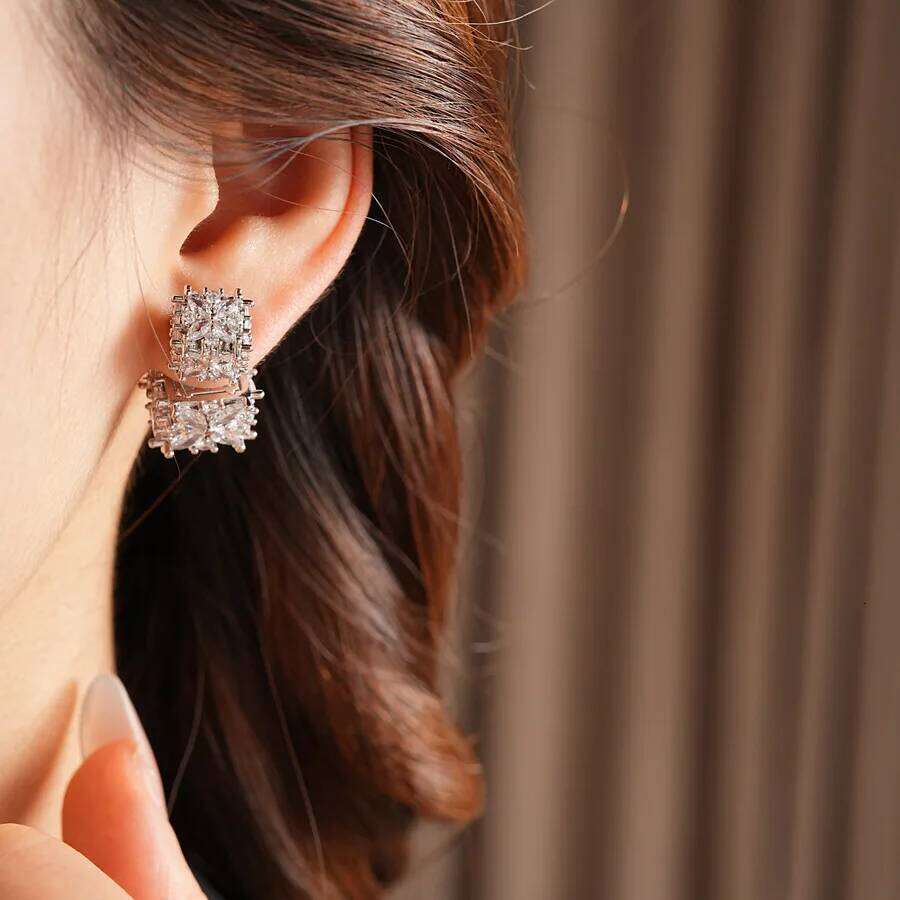 Shiny Cubic Square Full Zircon Stud Earrings Women Dual-style Silvery Hollow Ear Studs Girls Jewelry Gifts for Friends C1 25H1226