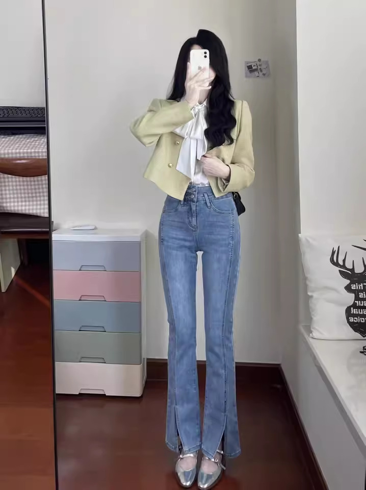 Cotton High Waist Flared Pants for Women 2024 Winter New Design Style Split Versatile Jeans Chic Trouser ddmysept