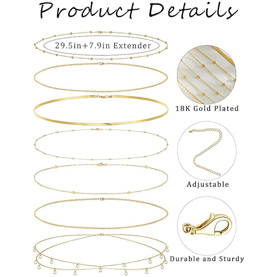 8Pcs Waist Chain 18K Gold Plated Belly Belt Chains Sexy Bikini Summer Beach Satellite Beaded Sequin Snake Layered Coin CZ Body Chain Jewelry Accessori