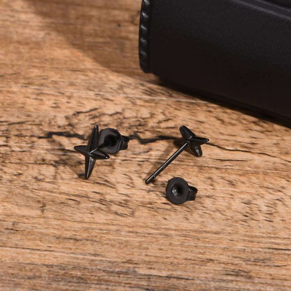 Black Stud Earrings for Men Boys,Stainless Steel Four Point Star Earring,Trendy Hiphop Jewelry 25H1226