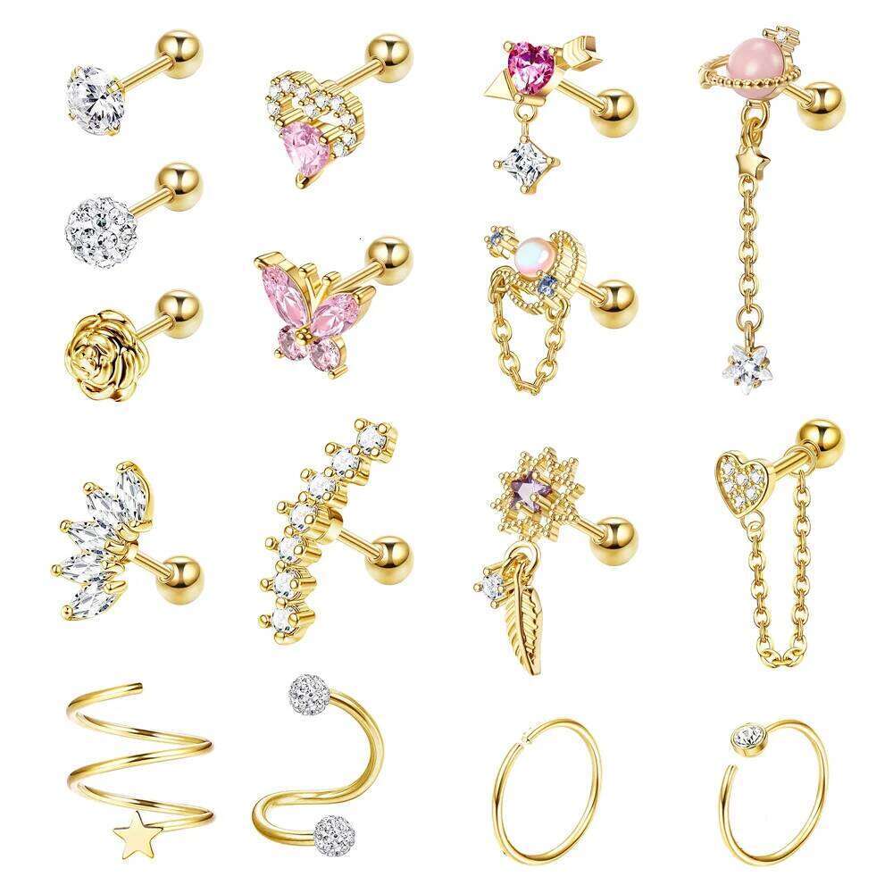 FASACCO 1PC Cartilage Earring Stud for Women Flower Heart Hypoallergenic Stainless Steel Screw Back CZ Earrings Piercing Jewelry 25H1226