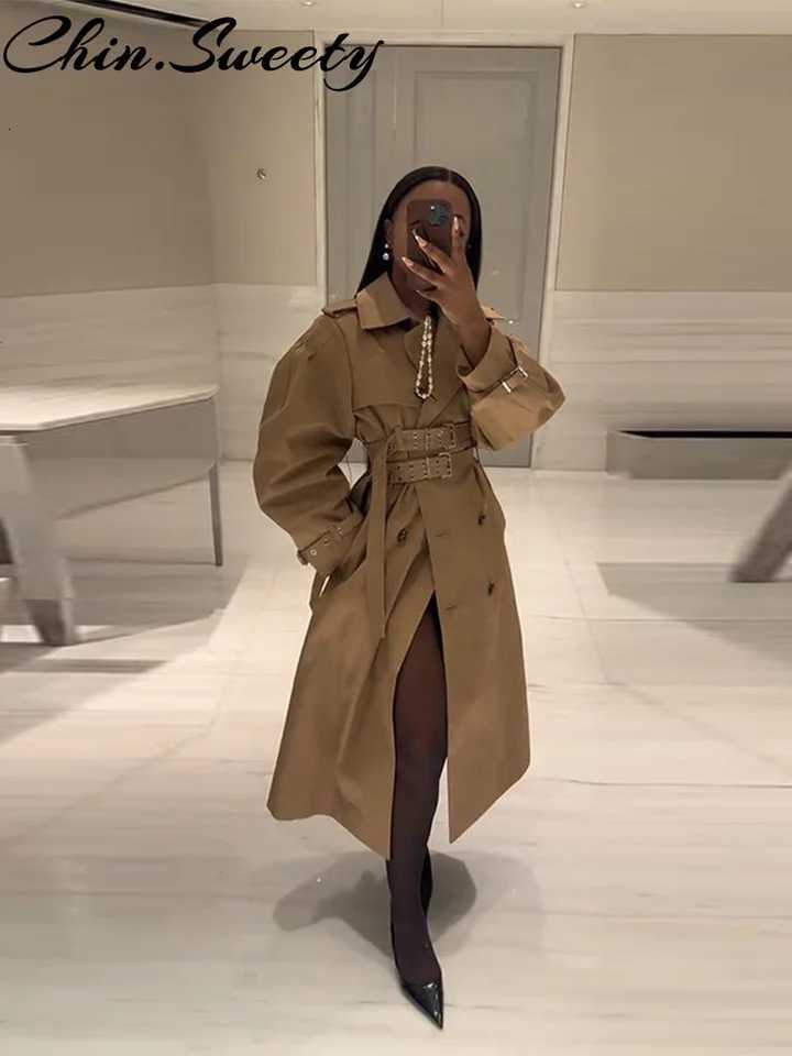 Elegant Solid Belt Women Trench Coat Casual Double Breasted Long Sleeve Lapel Female Jacket 2025 Autumn Urban Lady StreetwearT251226