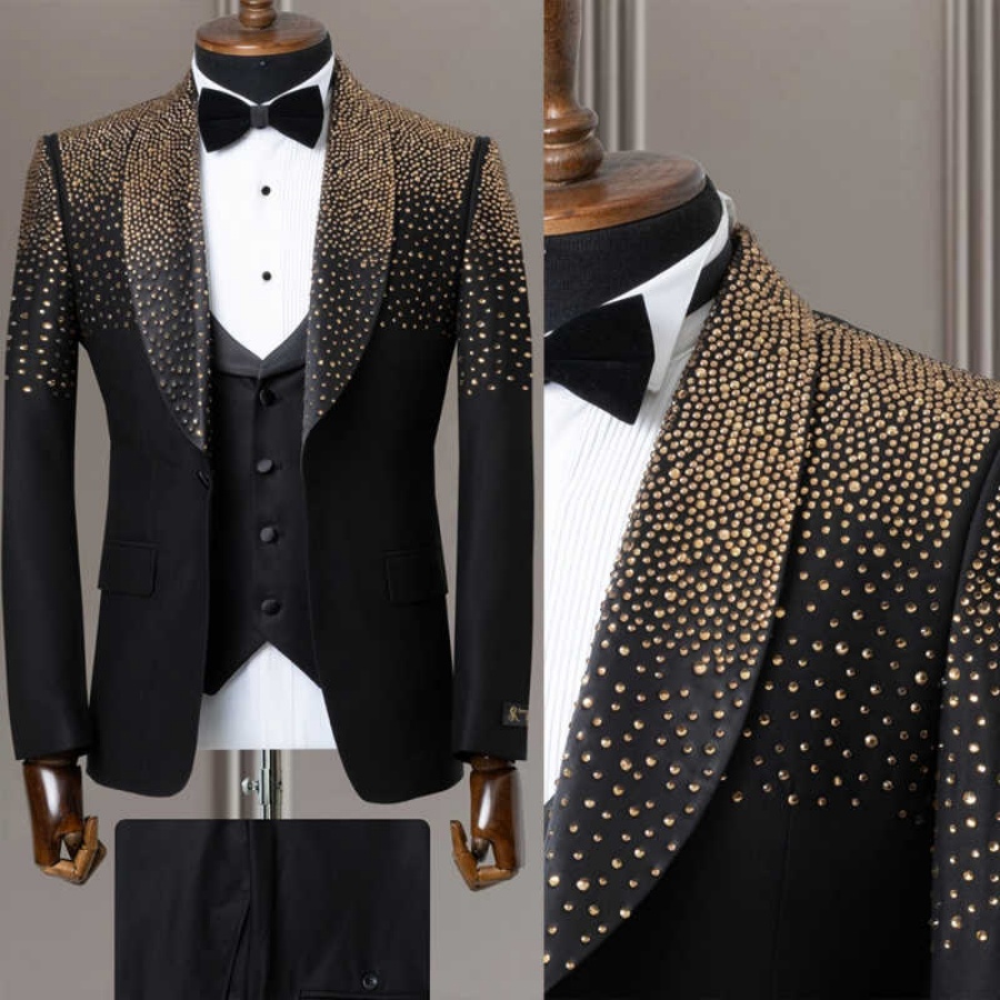 Handsome Men Banquet Pants Suits Beads Shawl Lapel Groom Wear Wedding Tuxedos Wear 3 Pieces Business Birthday Party Customized