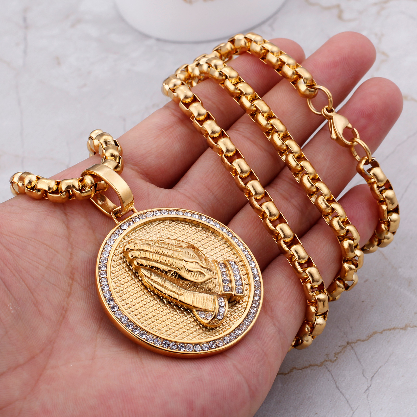 Retro Playing Hand Pendant Necklace with Chain Stainless Steel Religious Jewelry