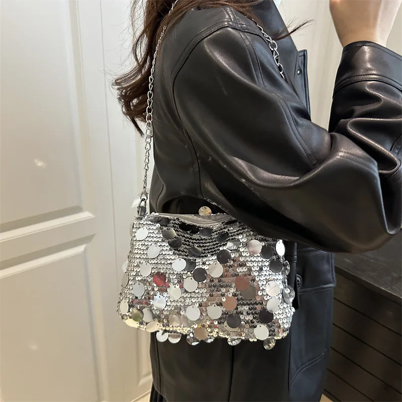 Sequin Evening Party Shoulder Bags for Women Lightweight Portable Ladies Chain Crossbody Bag Solid Color Casual Female Handbag 251223