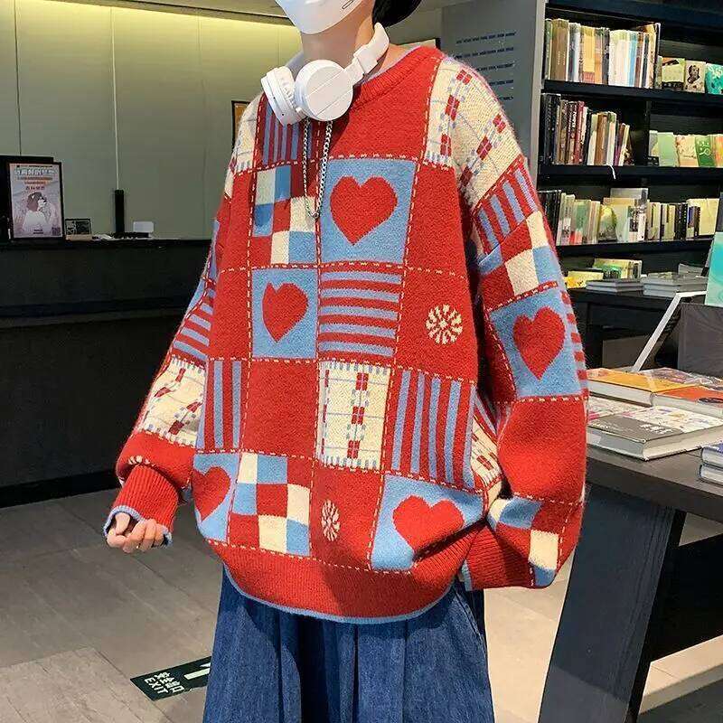 Japanese Retro Contrasting Checkered Heart-Shaped Round Neck Sweater Men's And Women's Trendy Brand Loose Fitting Student Couple