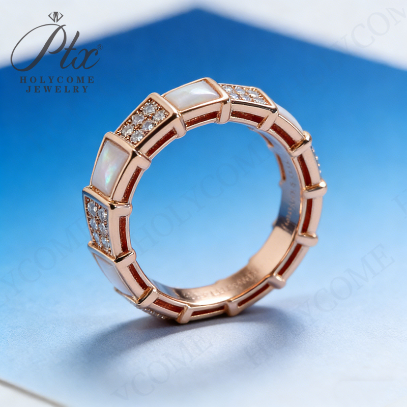 Boutique High Snake Bone Ring Plated with 18k Rose Gold Full of Zircon Diamonds White Mother of Pearl Snake-shaped Ring