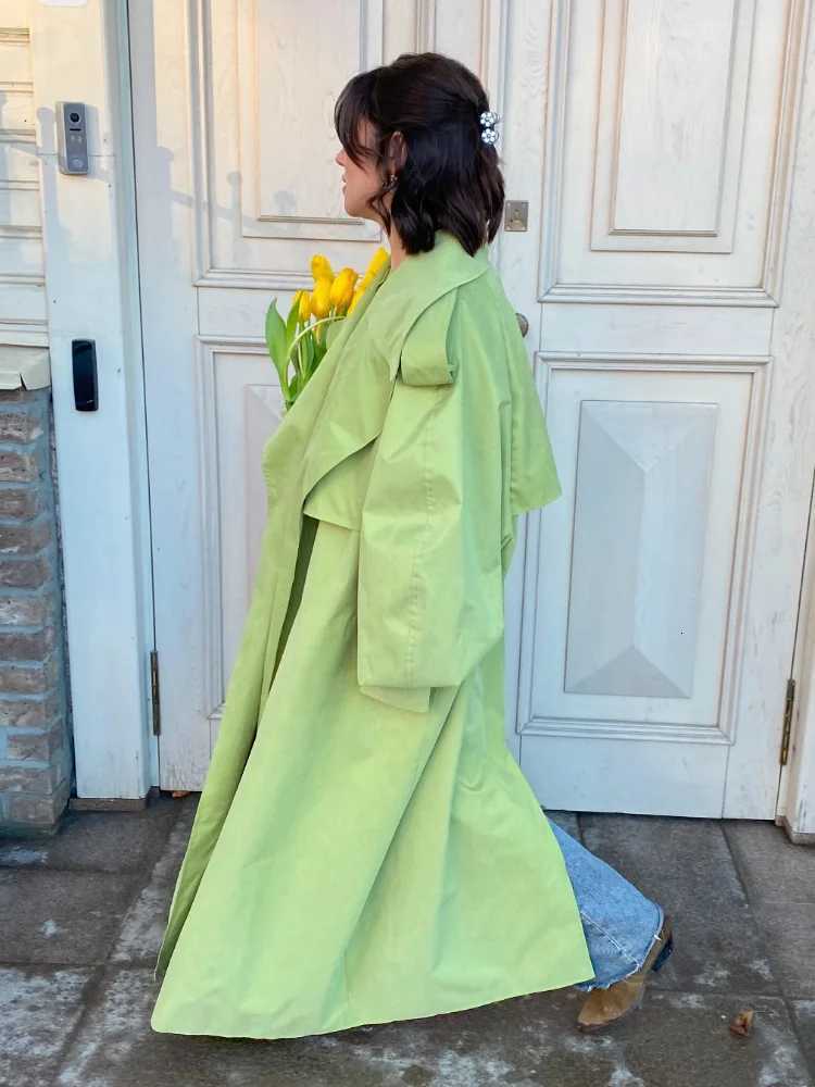 Green Oversized Lapel Trench Coat Women Fashion Long Sleeve Belted Loose Fit Lapel Jackets 2025 Lady Luxury Street OuterwearsT251226