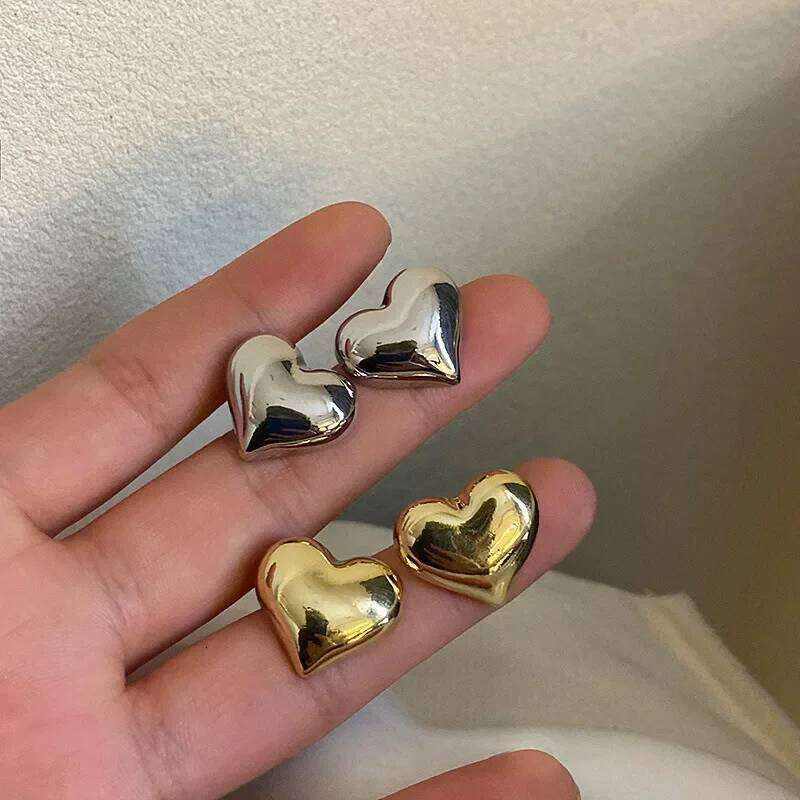 LATS Gold Color Smooth Surface Love Heart Shaped Stud Earrings Women Minimalist Fashion Girl Wedding Bridal Jewelry 25H1226