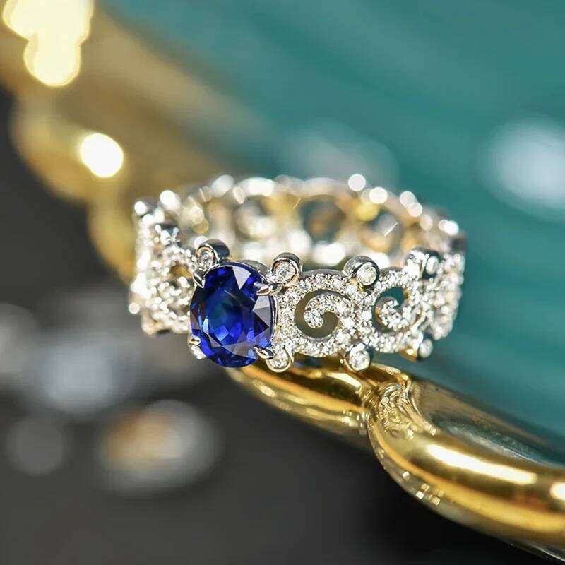 Huitan Aesthetic Elegant Hollow with Oval Blue Cubic Zirconia Wedding Anniversary Party Women Rings Luxury Trendy Jewelry