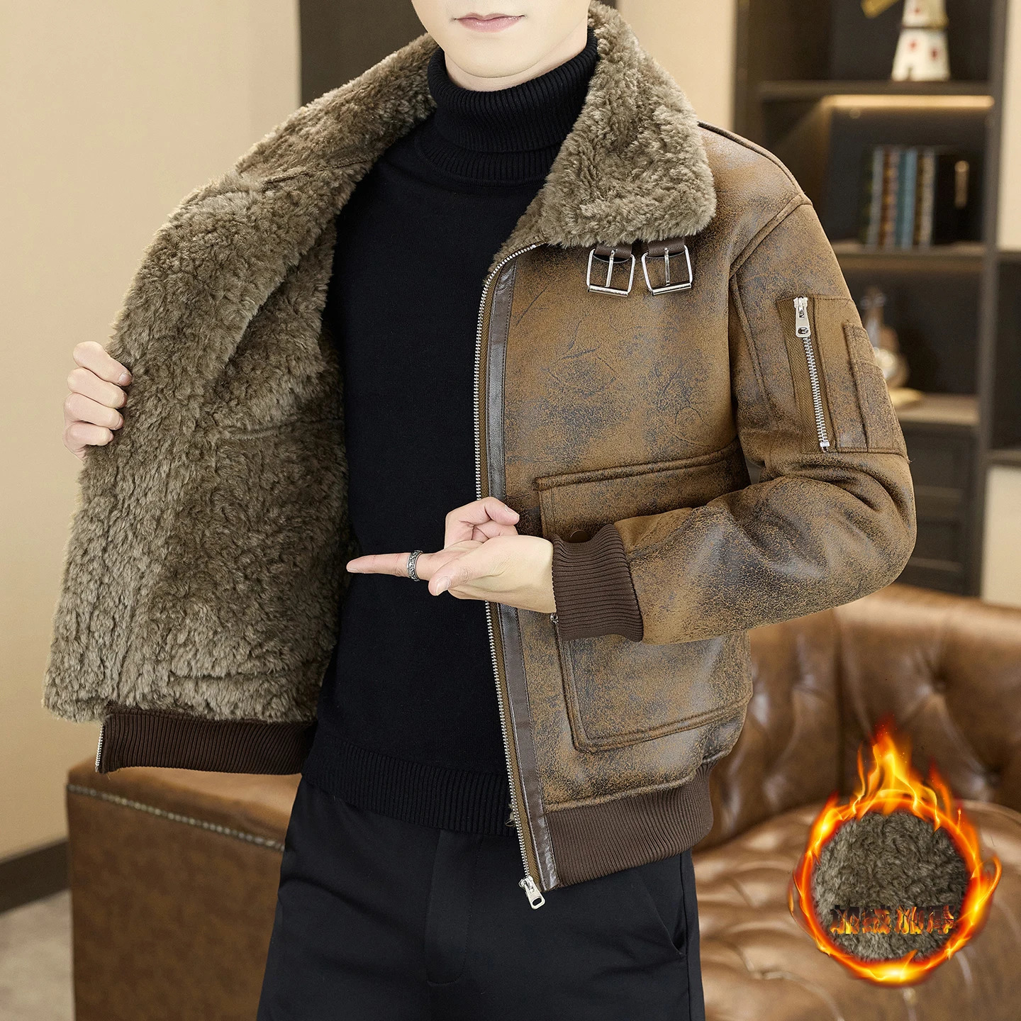 A high-quality fashionable and stylish mens fur coat with a thick and fleece fur collar and loose jacket for winter 251222