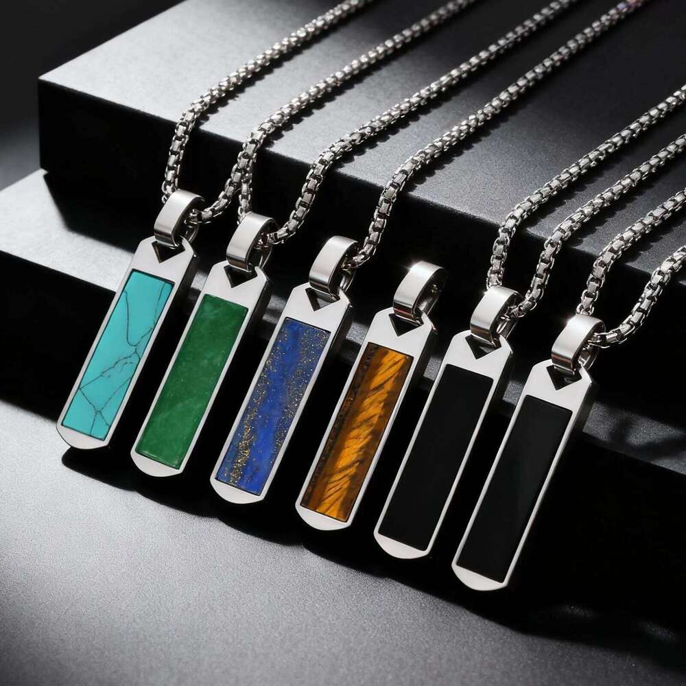 Natural Stone Healing Necklaces for Men,Stainless Steel Rectangular Pendant Necklace,Trendy Hip Hop Birthday Jewelry Gift 25N1226