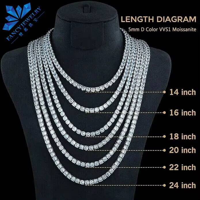 Hip Hop Iced Out Jewelry 2MM 3MM 4MM 5MM 65MM 8MM 10MM Lab Diamond Tennis Necklace S925 Silver Vvs Moissanite Tennis Chain