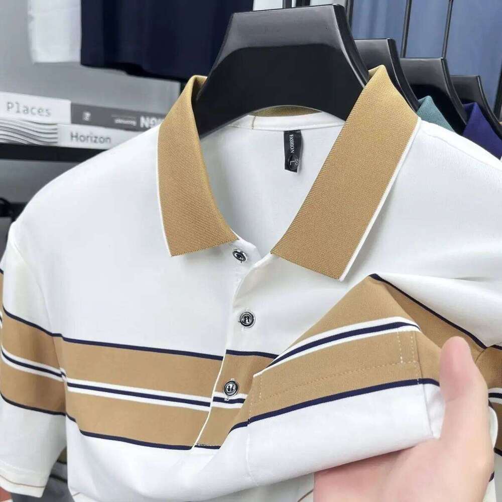 Summer New Fashion Striped Collar Polo Shirt Men's Middle Age Casual Business Thin Style Versatile
