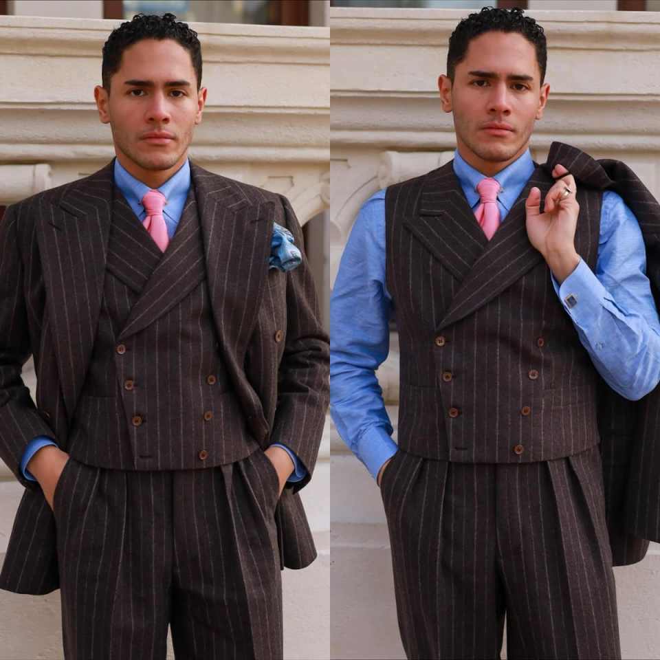 Fashion Wedding Tuxedos Pinstripe Peaked Lapel Double Breasted Men Suit Classic 3 PCS Jacket Vest Pants Evening Groom Coat Customized