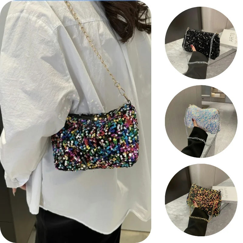 Solid Color Sequins Crossbody Bag Simple INS Chain Sequins Shoulder Bag Pocket Bag Phone Bag Small Square Bag Dinner Party 251223