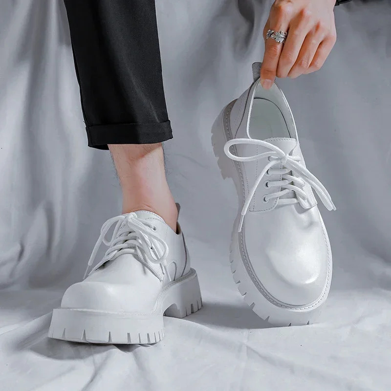 Men Korea Leather Platform Oxfords Slip On Thick Tottom For Male Derby Shoes Casual Loafers Mens Square Toe Formal Dress Shoes 251225