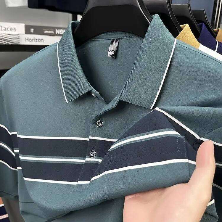 Summer New Fashion Striped Collar Polo Shirt Men's Middle Age Casual Business Thin Style Versatile