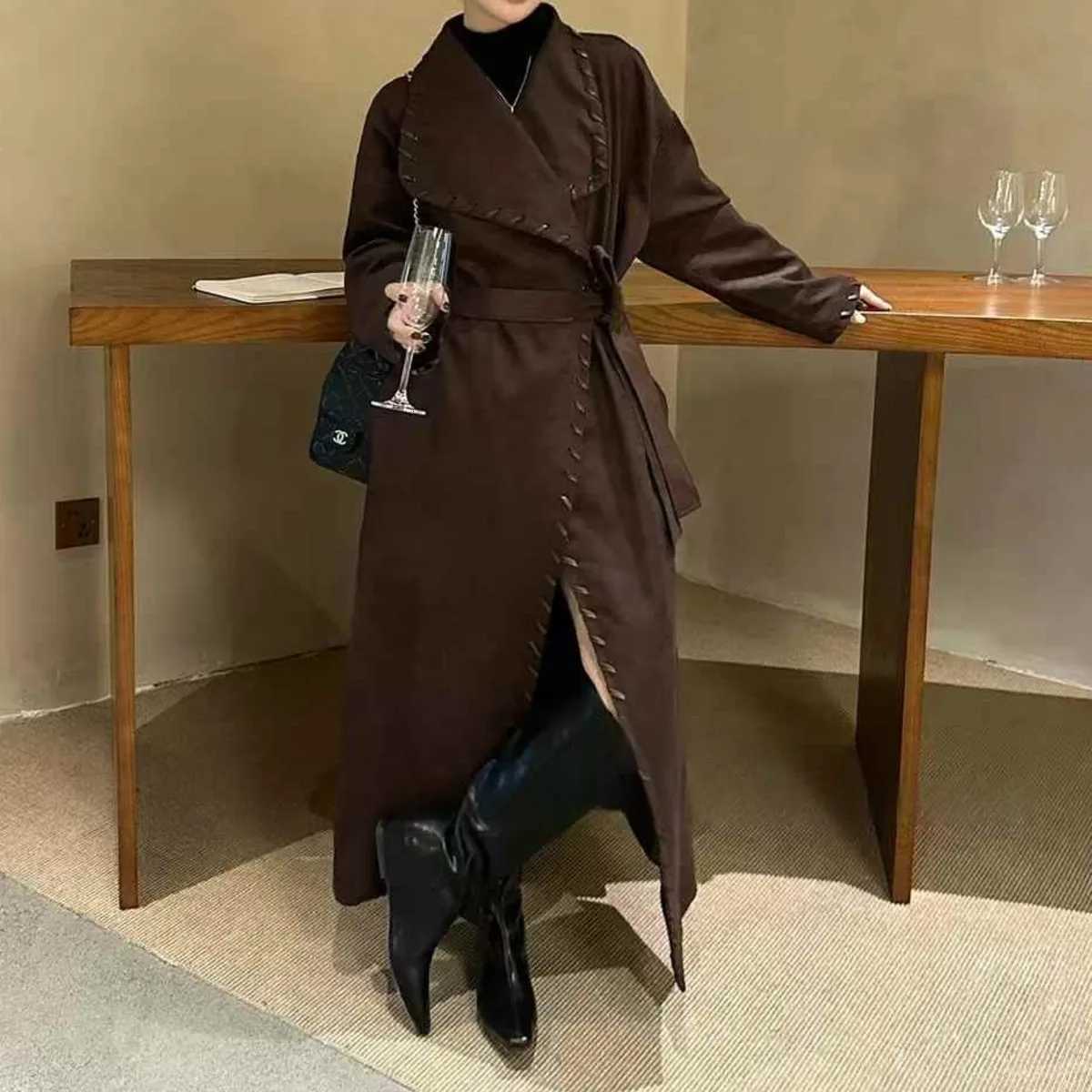 DNBS Womans Coat Pure Color Double-breasted Scarf-style Long Suitable Occasions 2025 Spring Style Length Windbreaker JacketT251226